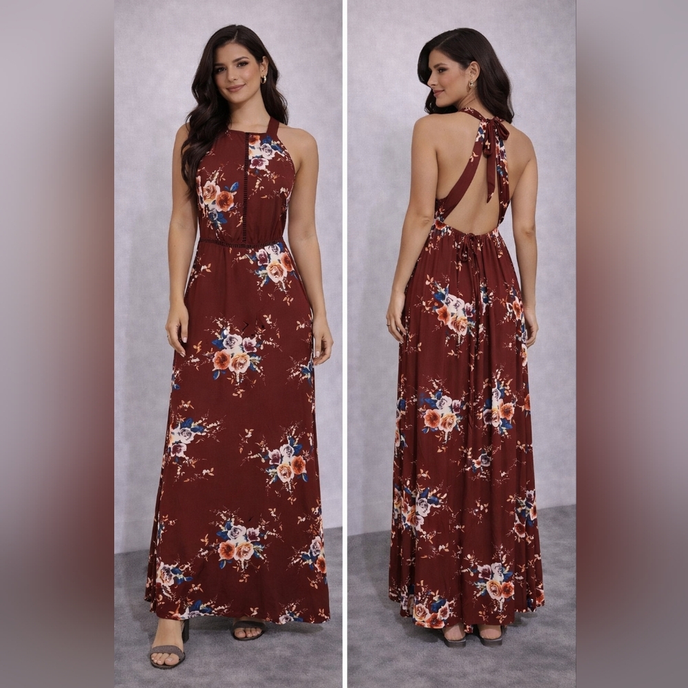 Zesica Floral Maxi Dress in Rich Maroon Size MED